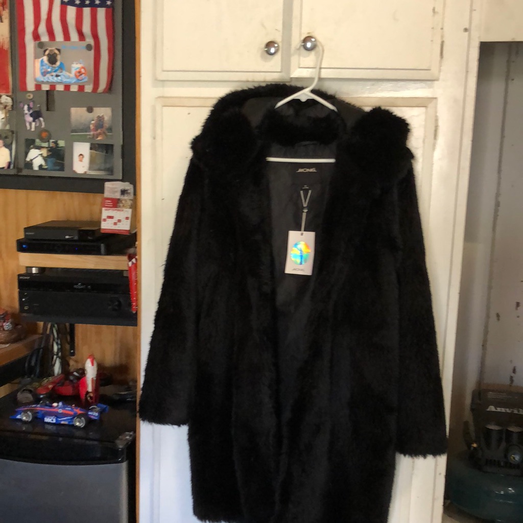 Full Length Faux Black Fur Coat With Attached Hood Monki Brand New Size Medium